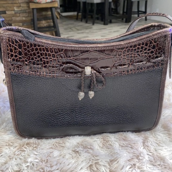 Brighton Black and Brown Shoulder Bag with Crocodile Embossed Panel - Picture 1 of 10